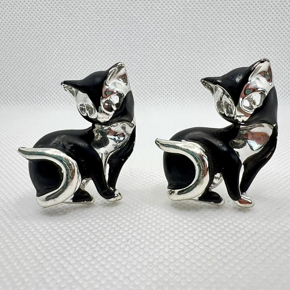 Vintage Silver Tone Black Enamel Kitty Cat Cuff Links